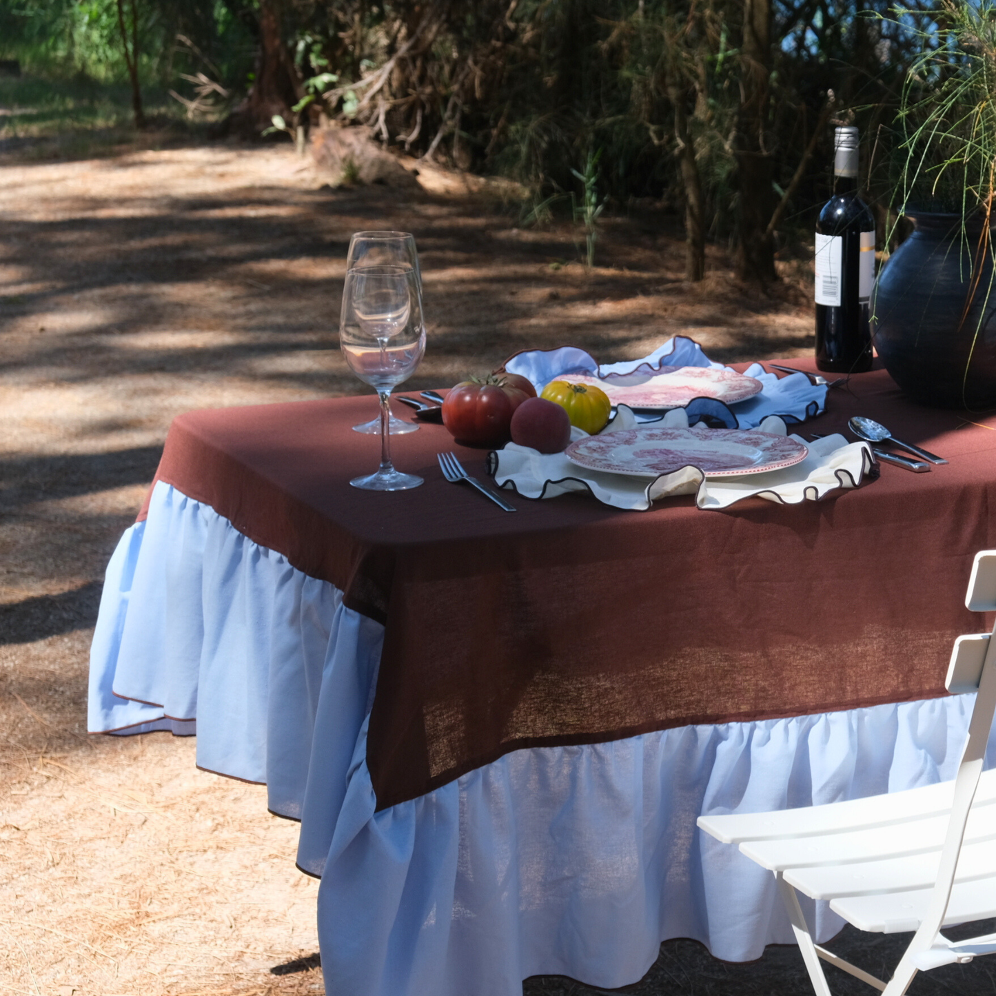 ruffled tablecloth - wood and sky